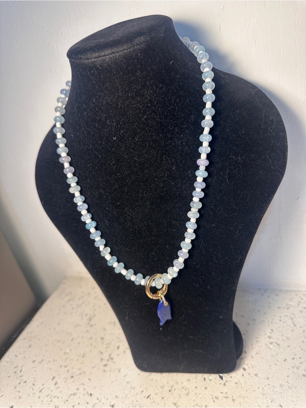 Beaded Blue Aqua Necklace with Gold Ring and Lapis Charm